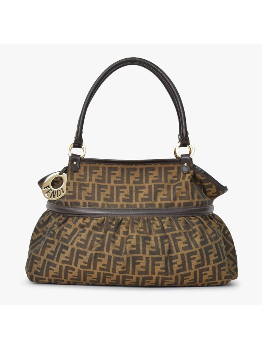 Fendi Handbag Zucca Pattern All Over Print Canvas Leather Brown Gold